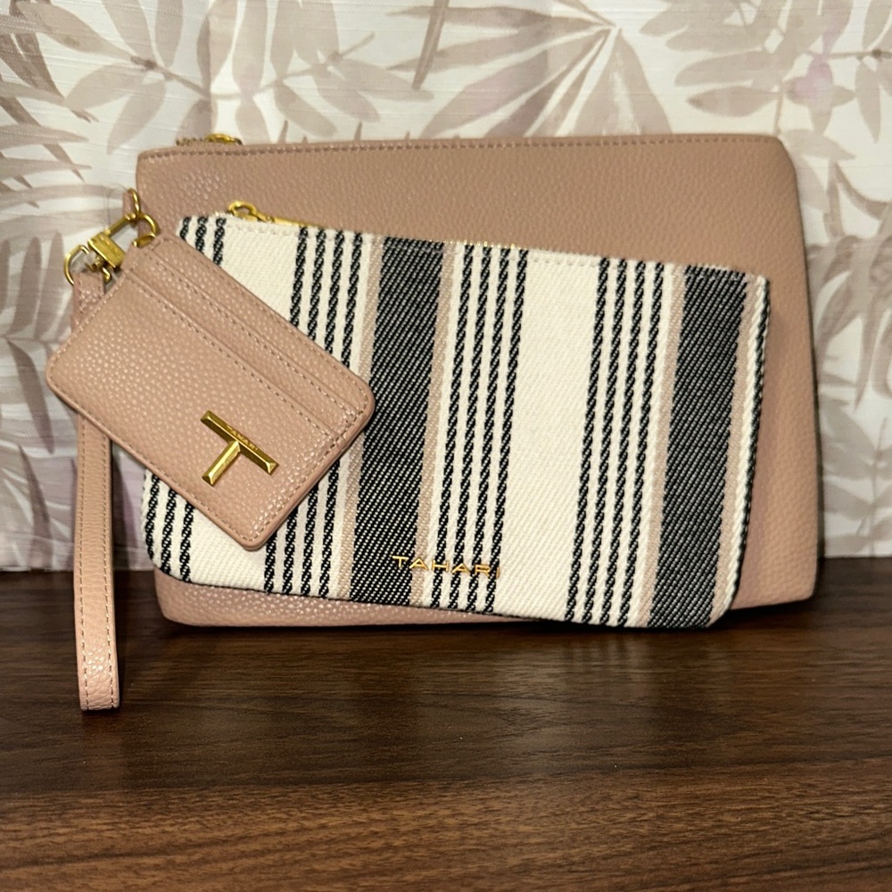 Tahari Tan and Black Striped Clutch Set